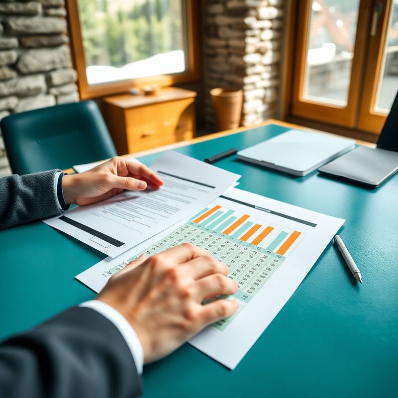 Revizor pregleduje finančne dokumente in matriko tveganj na tealsko-moderni mizi